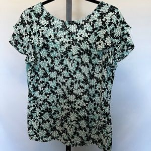 NWT ANN TAYLOR FACTORY Green White Black Floral Ruffle Sleeve Blouse